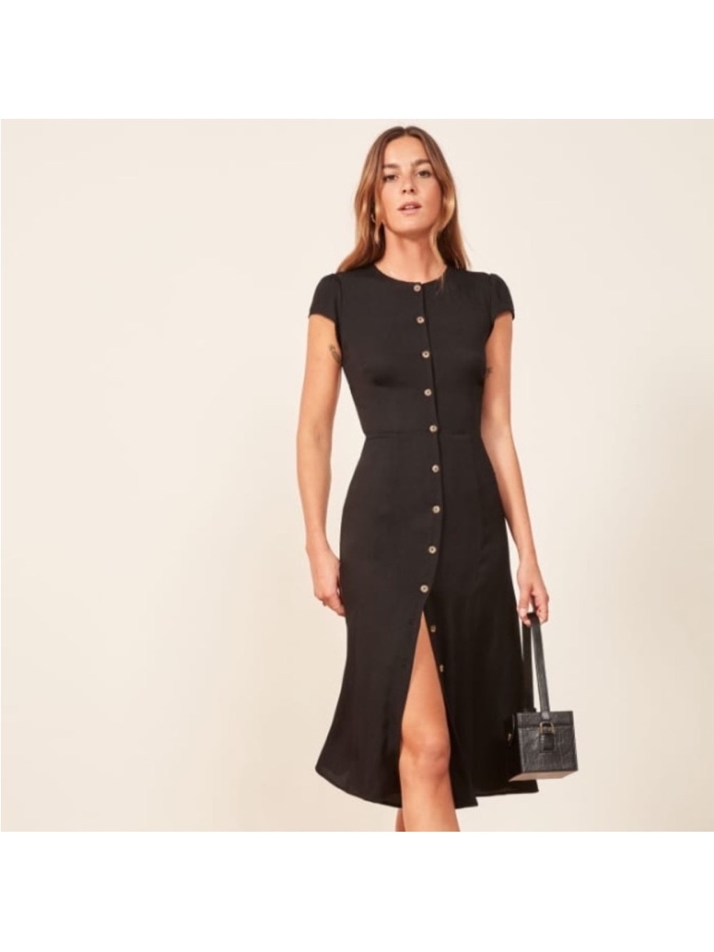 Reformation Black Button-Front Cap Sleeve Midi Dress